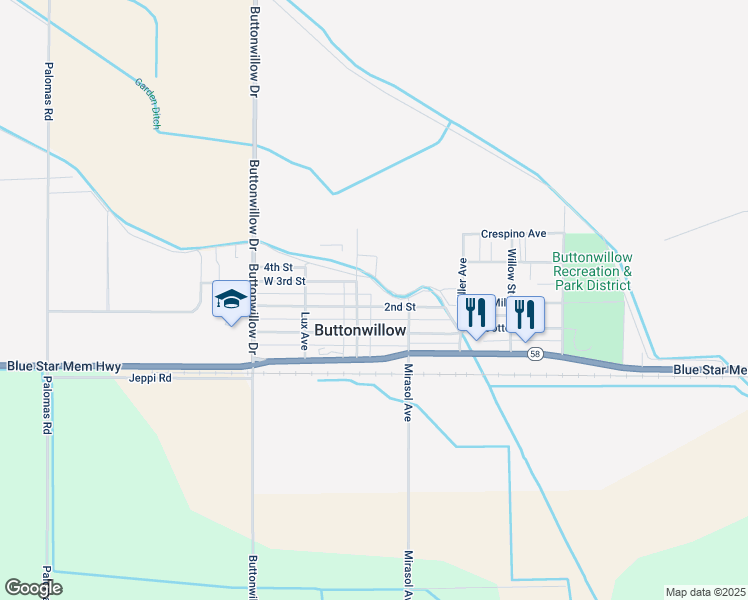 map of restaurants, bars, coffee shops, grocery stores, and more near 128 West 2nd Street in Buttonwillow