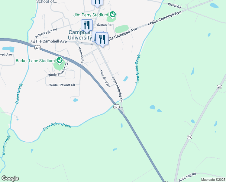 map of restaurants, bars, coffee shops, grocery stores, and more near 312 Mae Byrd Road in Lillington