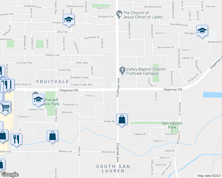 map of restaurants, bars, coffee shops, grocery stores, and more near Hageman Rd in Bakersfield