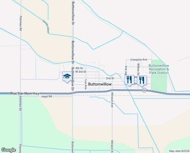 map of restaurants, bars, coffee shops, grocery stores, and more near 124 West 2nd Street in Buttonwillow