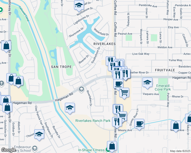 map of restaurants, bars, coffee shops, grocery stores, and more near 8401 Rockport Drive in Bakersfield