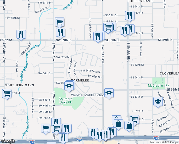 map of restaurants, bars, coffee shops, grocery stores, and more near 104 Southwest 64th Terrace in Oklahoma City