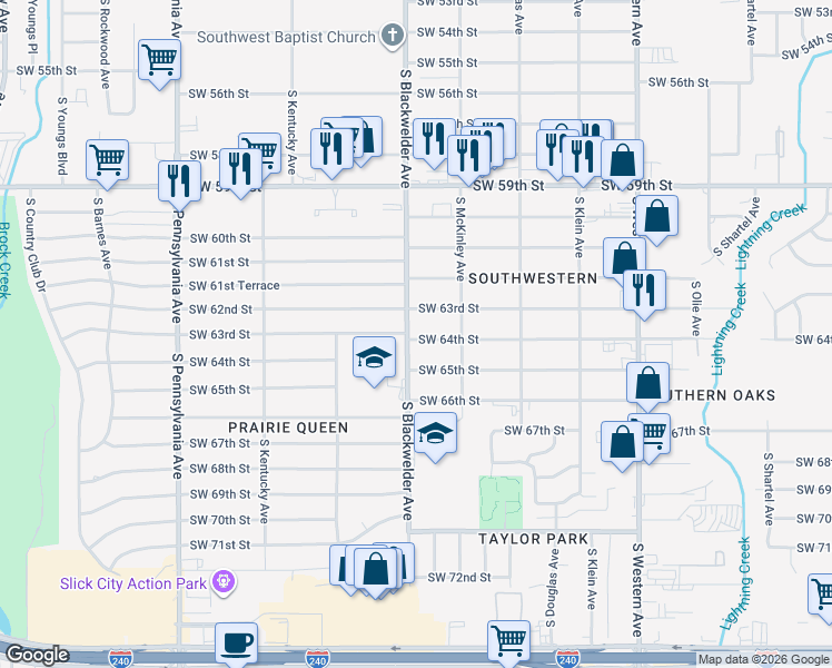 map of restaurants, bars, coffee shops, grocery stores, and more near 1239 Southwest 64th Street in Oklahoma City