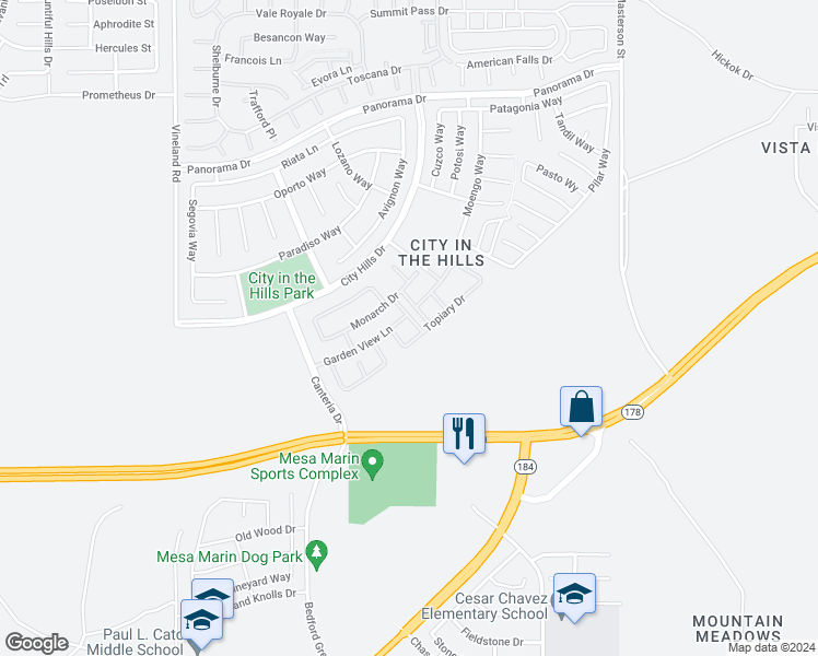 map of restaurants, bars, coffee shops, grocery stores, and more near 5206 Village Green Lane in Bakersfield