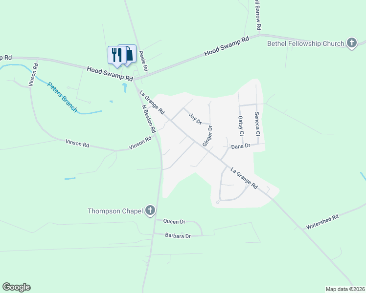 map of restaurants, bars, coffee shops, grocery stores, and more near 242 Lagrange Road in Goldsboro