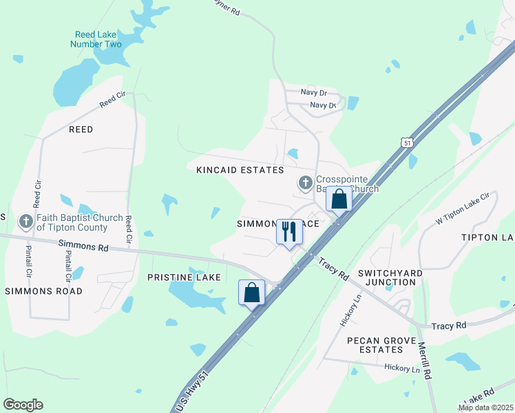 map of restaurants, bars, coffee shops, grocery stores, and more near 285 Blackhawk Cove in Munford