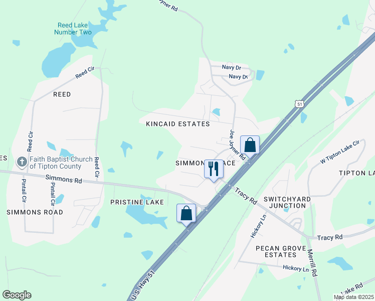 map of restaurants, bars, coffee shops, grocery stores, and more near 285 Blackhawk Cove in Munford