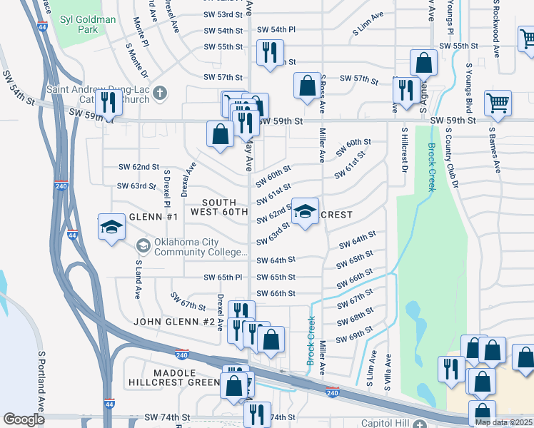map of restaurants, bars, coffee shops, grocery stores, and more near 2825 Southwest 62nd Street in Oklahoma City