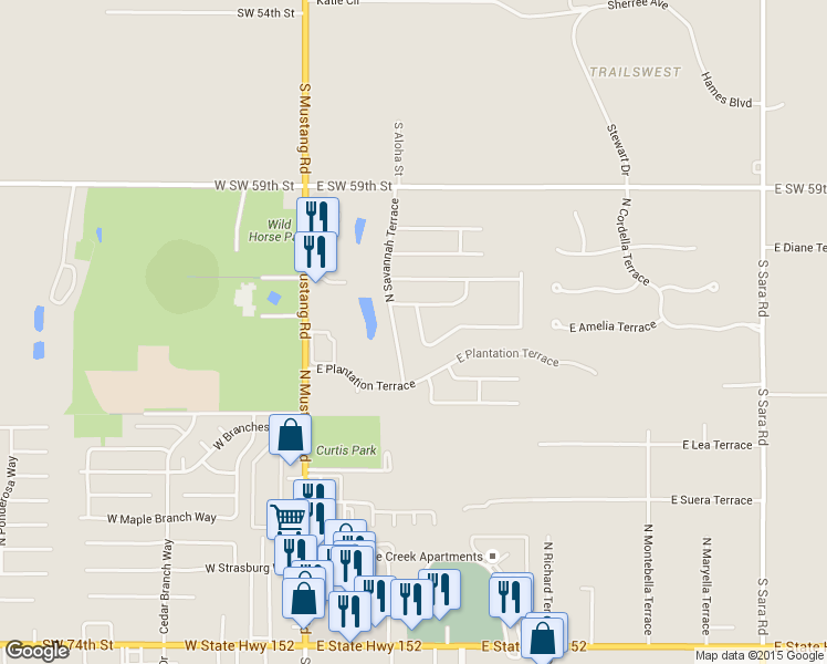 map of restaurants, bars, coffee shops, grocery stores, and more near 1105 North Charlotte Terrace in Mustang