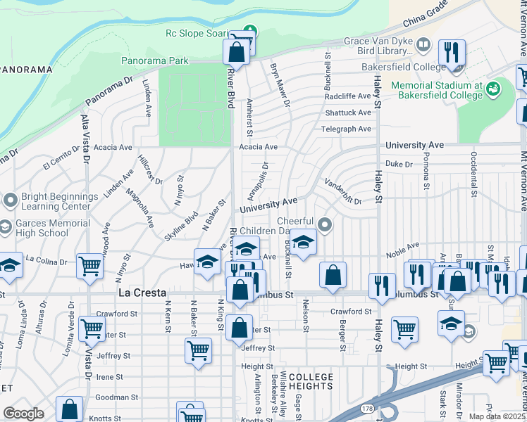map of restaurants, bars, coffee shops, grocery stores, and more near 3111 Berkeley Street in Bakersfield