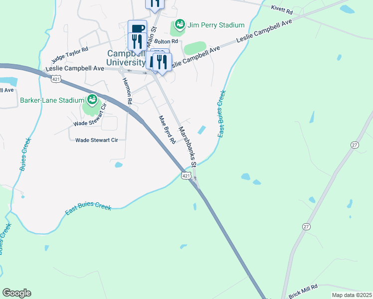 map of restaurants, bars, coffee shops, grocery stores, and more near 312 Mae Byrd Road in Lillington