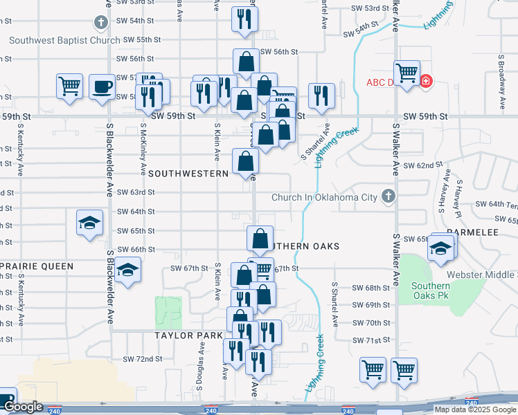 map of restaurants, bars, coffee shops, grocery stores, and more near 6448 South Western Avenue in Oklahoma City