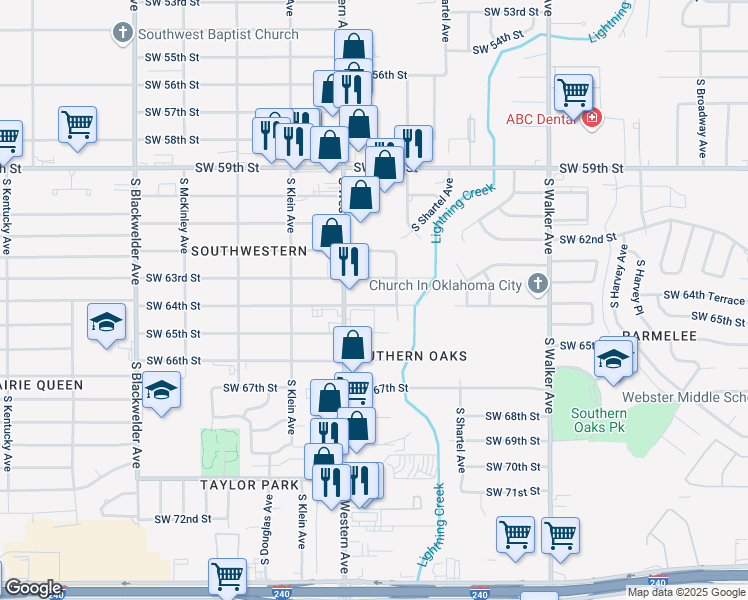 map of restaurants, bars, coffee shops, grocery stores, and more near 32 Southwest 64th Street in Oklahoma City