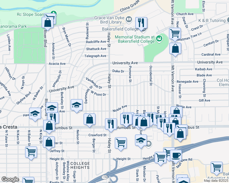map of restaurants, bars, coffee shops, grocery stores, and more near 3104 Cornell Street in Bakersfield