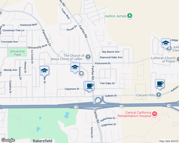 map of restaurants, bars, coffee shops, grocery stores, and more near 5300 Fairfax Road in Bakersfield
