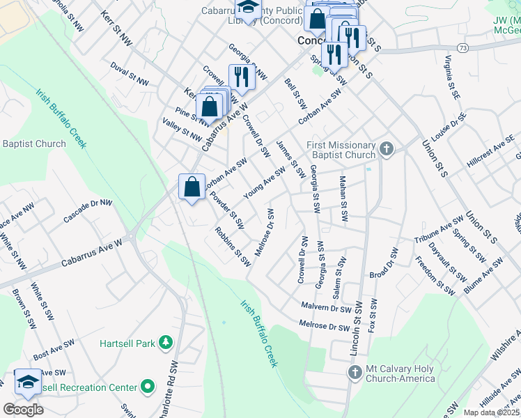 map of restaurants, bars, coffee shops, grocery stores, and more near 117 Cypress Street Southwest in Concord
