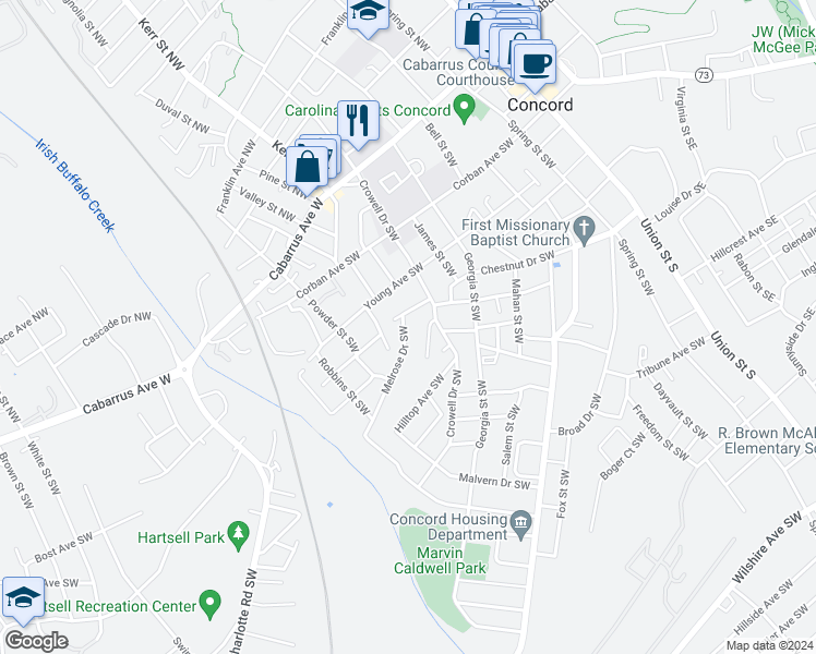 map of restaurants, bars, coffee shops, grocery stores, and more near 153 Melrose Drive Southwest in Concord