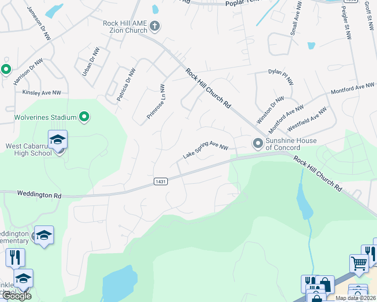 map of restaurants, bars, coffee shops, grocery stores, and more near 3754 Lake Spring Avenue Northwest in Concord