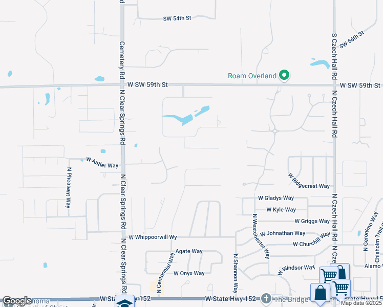 map of restaurants, bars, coffee shops, grocery stores, and more near 1424 West Hyde Park Way in Mustang