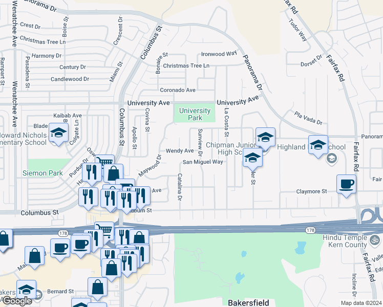 map of restaurants, bars, coffee shops, grocery stores, and more near 4401 Wendy Avenue in Bakersfield