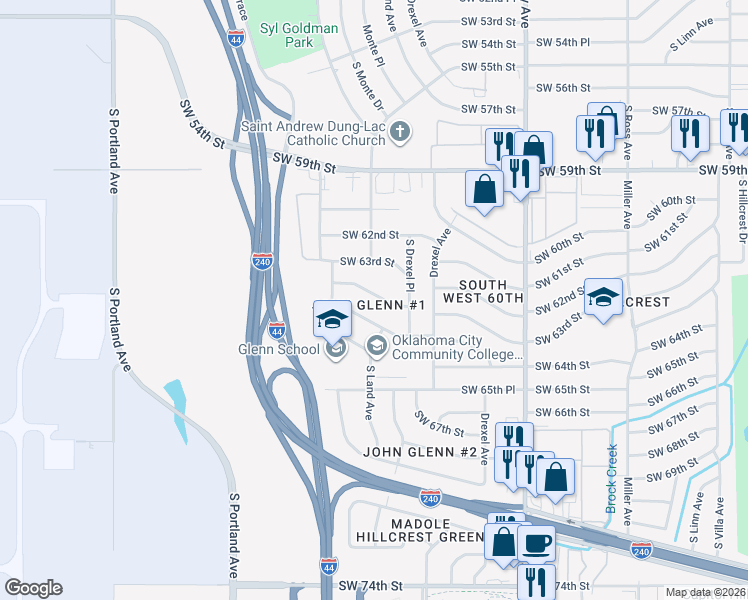 map of restaurants, bars, coffee shops, grocery stores, and more near 3130 Southwest 64th Street in Oklahoma City
