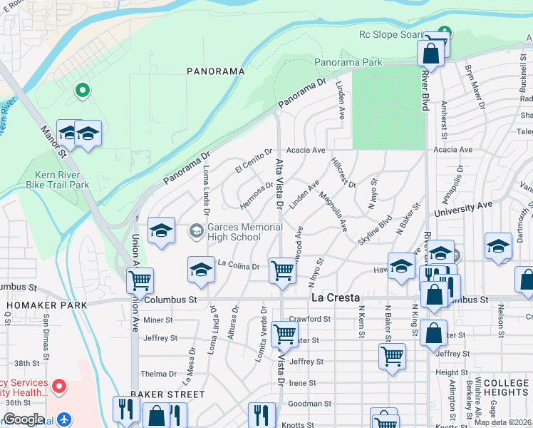 map of restaurants, bars, coffee shops, grocery stores, and more near 2905 La Cresta Drive in Bakersfield