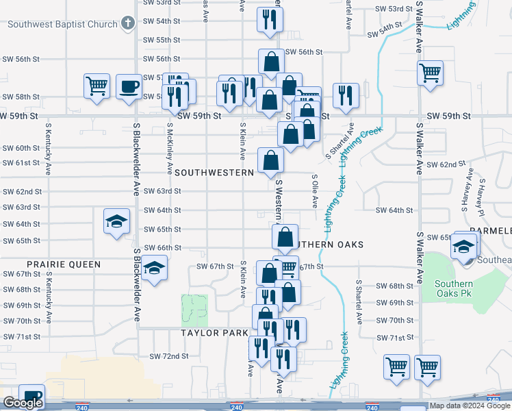 map of restaurants, bars, coffee shops, grocery stores, and more near 929 Southwest 64th Street in Oklahoma City