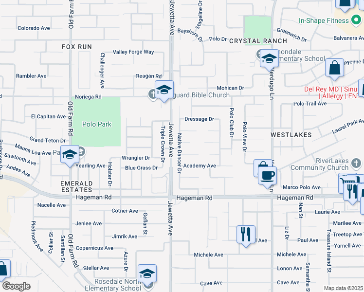 map of restaurants, bars, coffee shops, grocery stores, and more near 11119 Oaktrail Court in Bakersfield