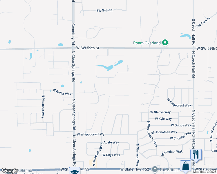 map of restaurants, bars, coffee shops, grocery stores, and more near 1424 West Hyde Park Way in Mustang