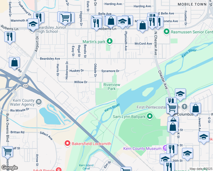 map of restaurants, bars, coffee shops, grocery stores, and more near 413 Willow Drive in Bakersfield