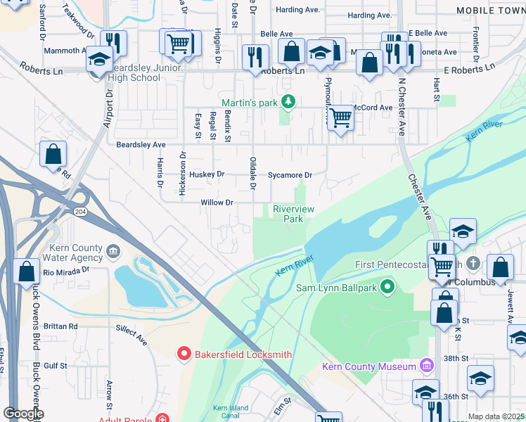 map of restaurants, bars, coffee shops, grocery stores, and more near 437 Willow Drive in Bakersfield