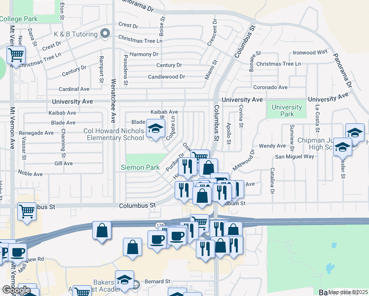 map of restaurants, bars, coffee shops, grocery stores, and more near 3636 Purdue Drive in Bakersfield
