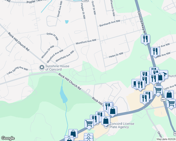 map of restaurants, bars, coffee shops, grocery stores, and more near 1204 Cavalier Court Northwest in Concord