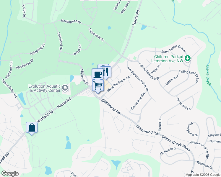 map of restaurants, bars, coffee shops, grocery stores, and more near Skipping Stone Lane in Charlotte