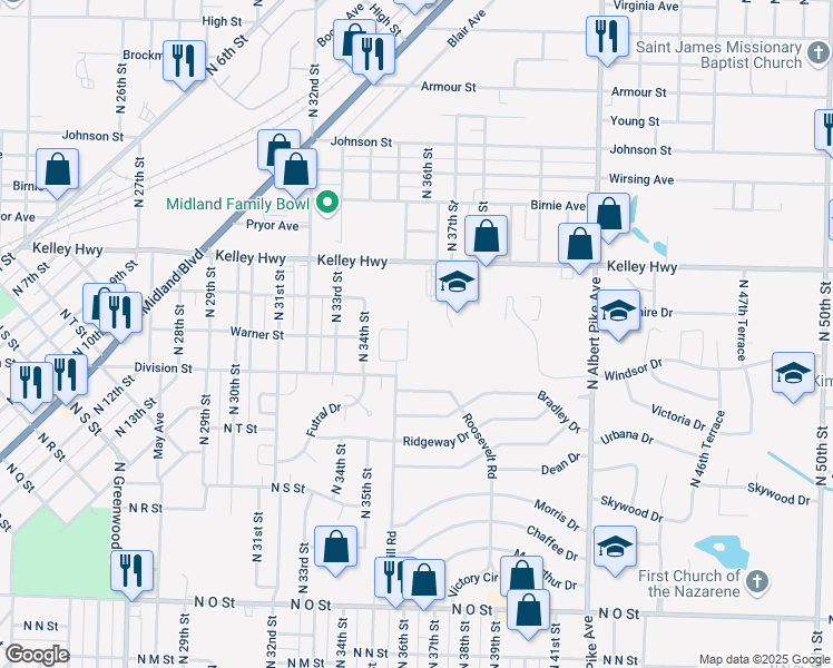 map of restaurants, bars, coffee shops, grocery stores, and more near 2224 North 35th Street in Fort Smith