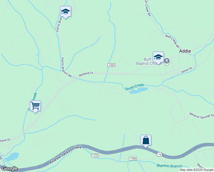 map of restaurants, bars, coffee shops, grocery stores, and more near 302 Spalding Drive in Sylva