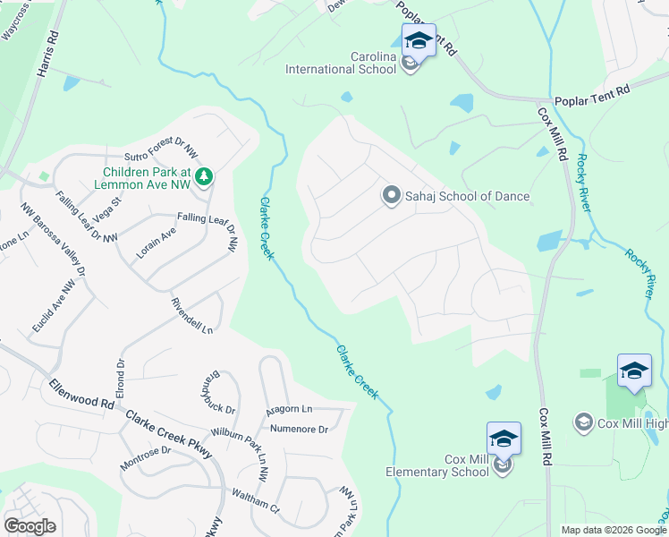 map of restaurants, bars, coffee shops, grocery stores, and more near 9653 Garamont Parkway Northwest in Concord