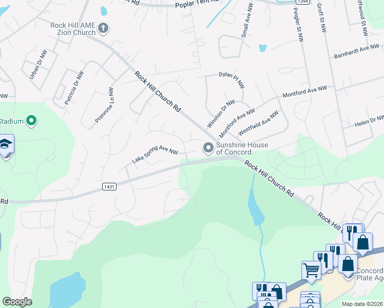 map of restaurants, bars, coffee shops, grocery stores, and more near 3661 Lake Spring Avenue Northwest in Concord