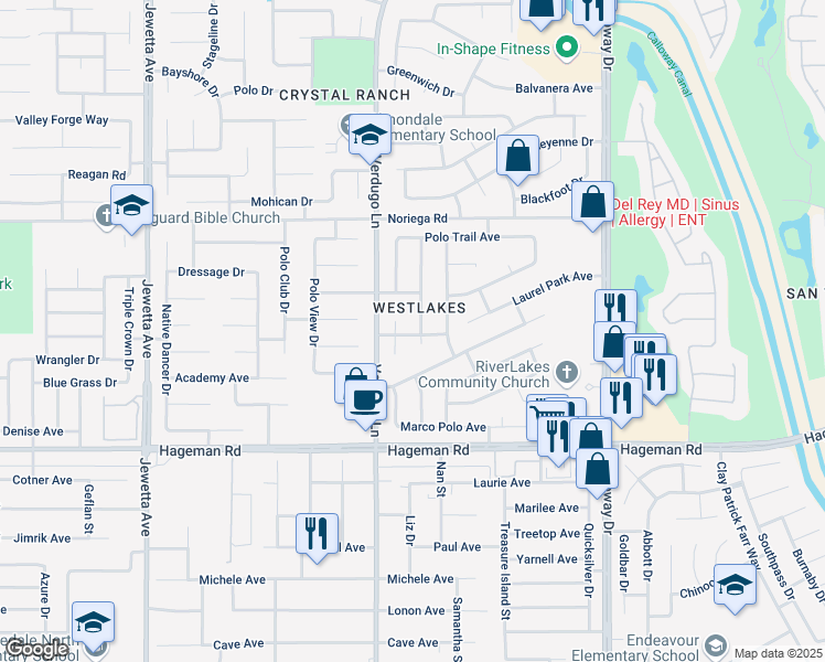 map of restaurants, bars, coffee shops, grocery stores, and more near 4518 Polo Jump Court in Bakersfield