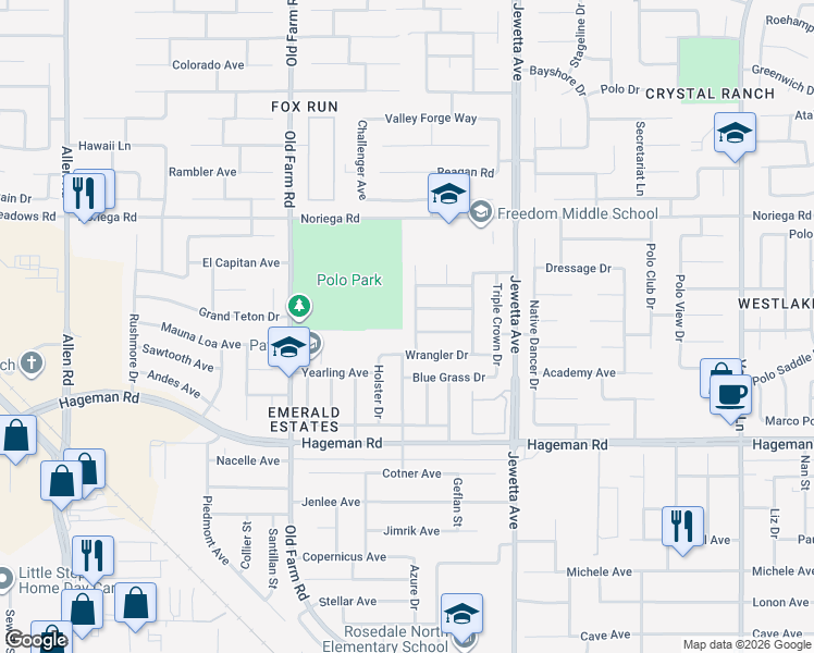 map of restaurants, bars, coffee shops, grocery stores, and more near 11609 Bay Meadows Lane in Bakersfield
