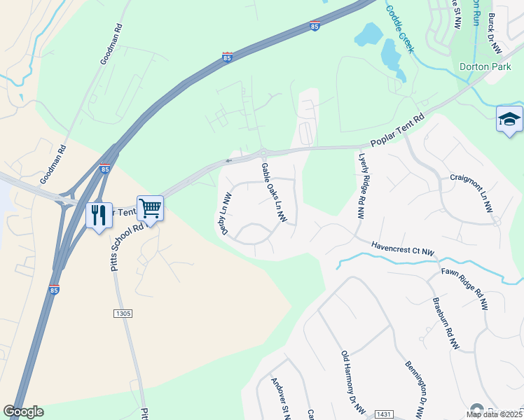 map of restaurants, bars, coffee shops, grocery stores, and more near 6593 Gatehouse Court Northwest in Concord