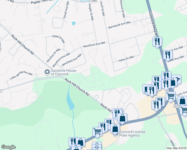 map of restaurants, bars, coffee shops, grocery stores, and more near 2740 Rock Hill Church Road in Concord
