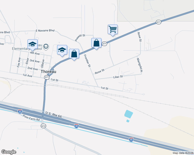map of restaurants, bars, coffee shops, grocery stores, and more near 27 Frontier Street in Thoreau
