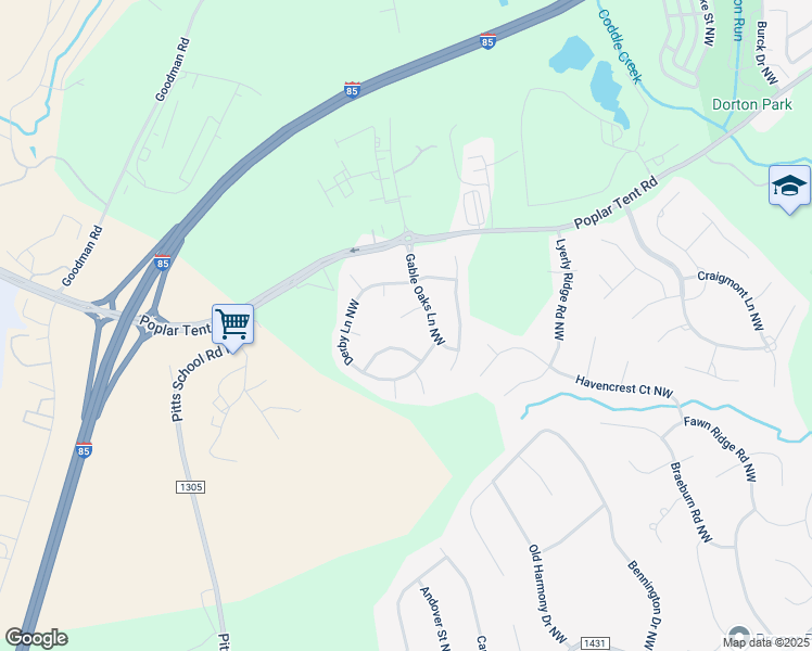 map of restaurants, bars, coffee shops, grocery stores, and more near 6593 Gatehouse Court Northwest in Concord