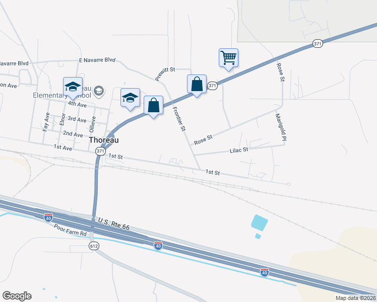 map of restaurants, bars, coffee shops, grocery stores, and more near 27 Frontier Street in Thoreau