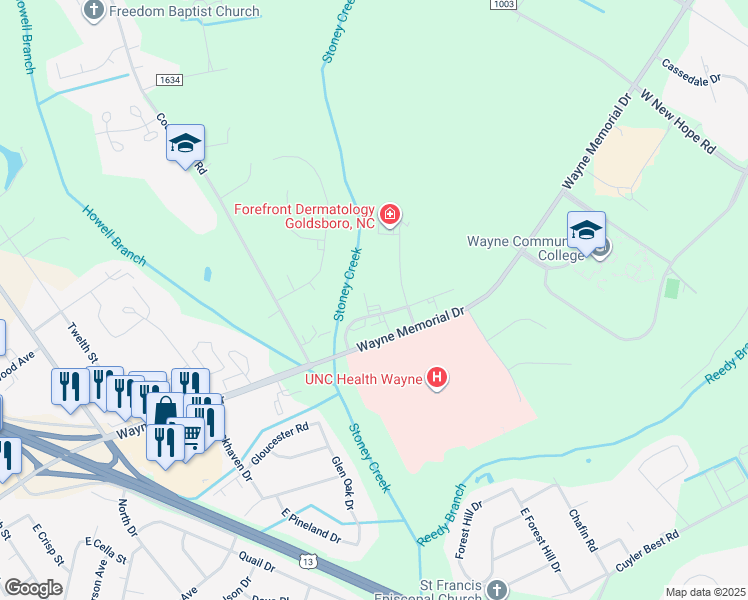map of restaurants, bars, coffee shops, grocery stores, and more near 2607 Medical Office Place in Goldsboro