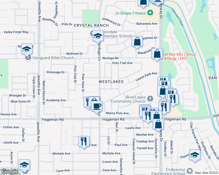 map of restaurants, bars, coffee shops, grocery stores, and more near 4518 Polo Jump Court in Bakersfield