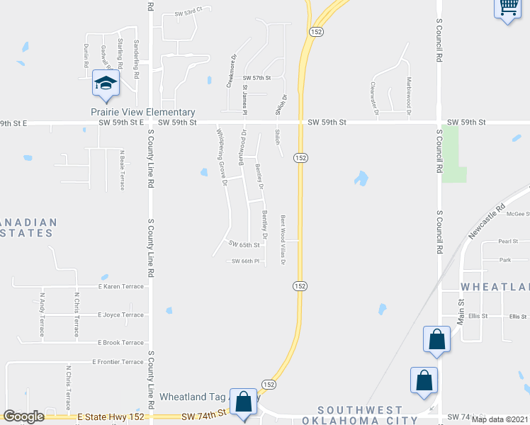 map of restaurants, bars, coffee shops, grocery stores, and more near 6512 Bentley Drive in Oklahoma City