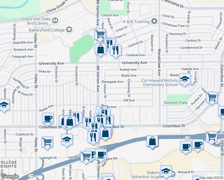 map of restaurants, bars, coffee shops, grocery stores, and more near 2419 Driller Avenue in Bakersfield