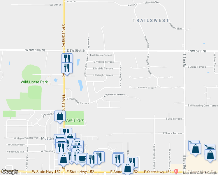 map of restaurants, bars, coffee shops, grocery stores, and more near 424 North Charlotte Terrace in Mustang